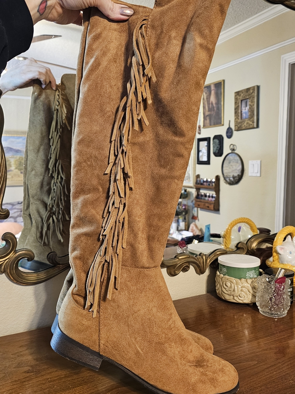 Mossimo Supply Co. Tan Suede Over-the-Knee Fringe Boots